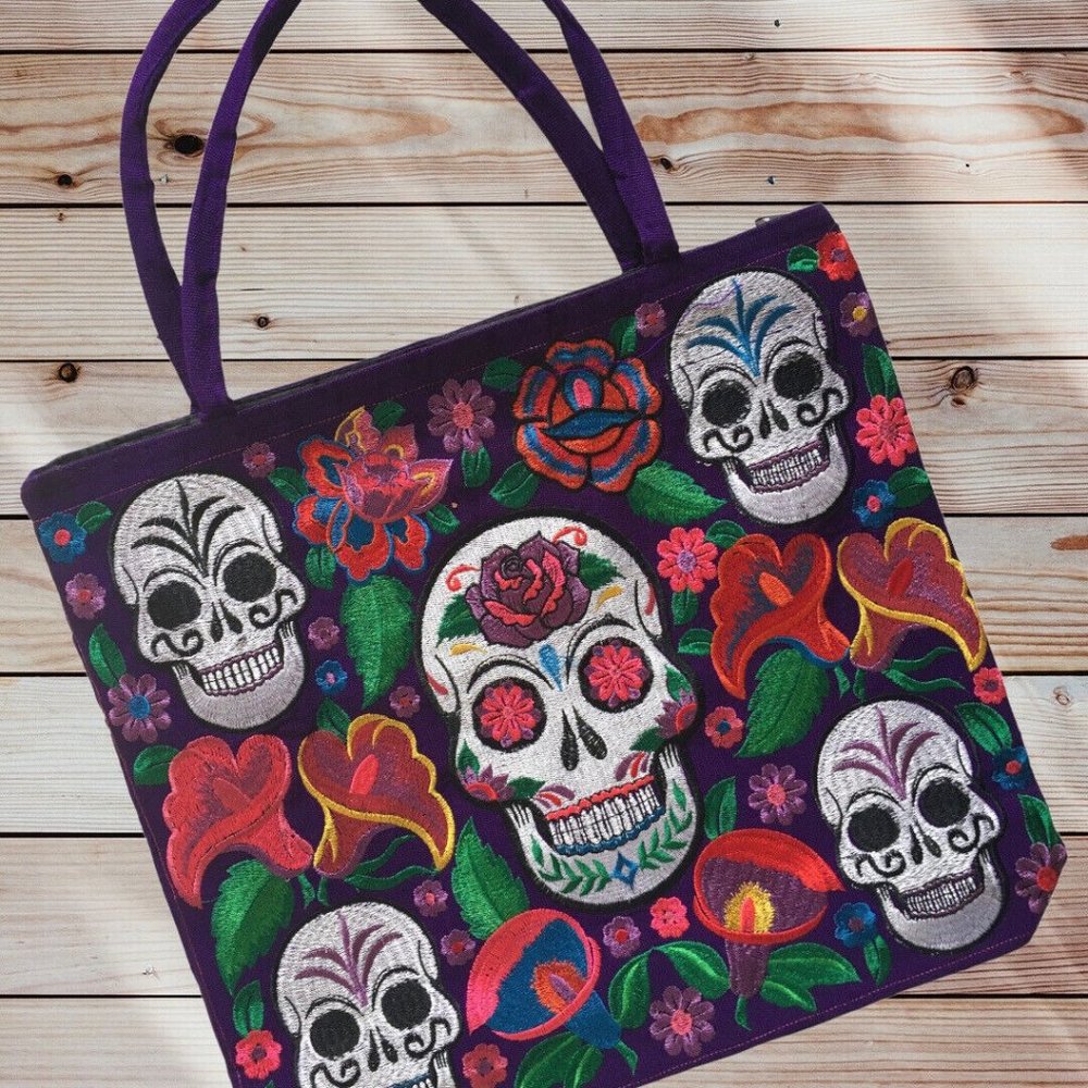 Handmade Mexican Sugar Skull Embroidered Tote Bag - Women's Purses & Handbags